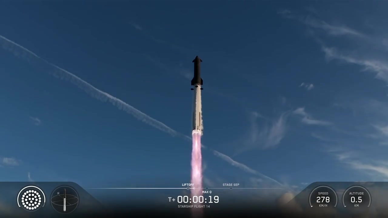 Starship ascending at T+00:00:19 in the official SpaceX Flight 14 broadcast